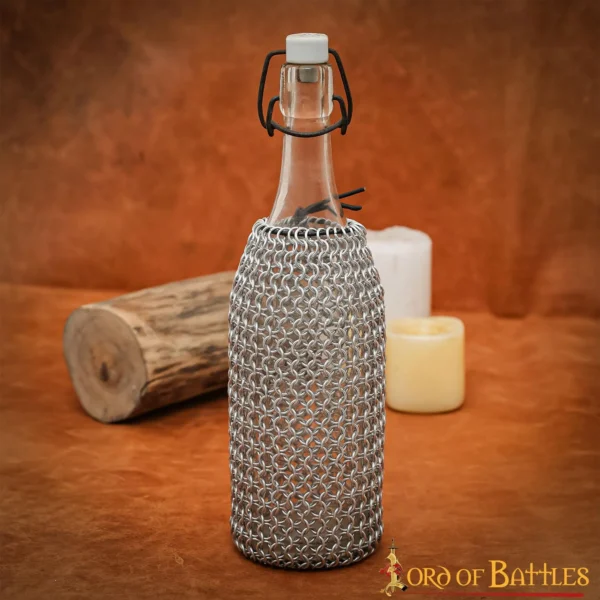 Bolsa de cota de malla para botellas con cierre de cordón de cuero