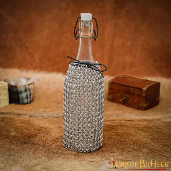 Bolsa de cota de malla para botellas con cierre de cordón de cuero - Imagen 2