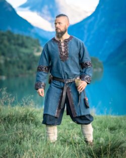 Túnica Vikinga Hombre «Leif» con Aplicaciones de Cuero Azul 2XL