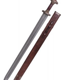 Espada de época Vendel con vaina, empuñadura de latón, acero damasco