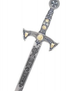 Espada templaria de plata, azul con grabado decorativo, Marto